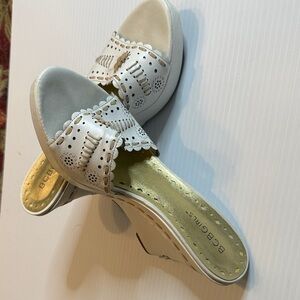 BCBGirls White Scalloped Cutout Leather Slide Mules